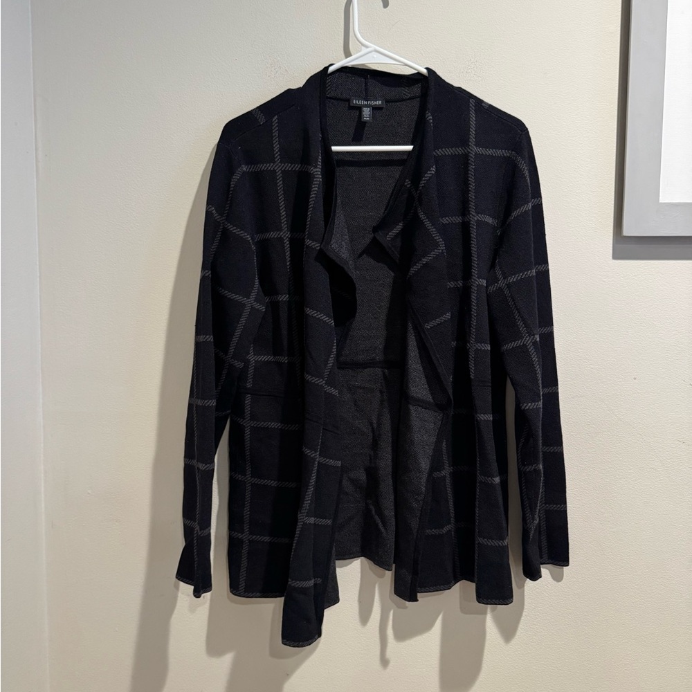 Eileen‎ Fisher Black and Gray Blazer with Relaxed Open-Front Design